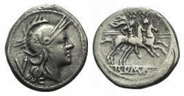 Anonymous, Rome, 211-208 BC. AR Quinarius (16mm, 2.16g, 9h). Helmeted head of Roma r. R/ Dioscuri on horseback riding r., each holding transverse spea...