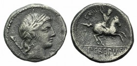 Pub. Crepusius. Rome, 82 BC. AR Denarius (17mm, 2.39g, 6h). Laureate head of Apollo r., sceptre over shoulder; sceptre behind head, grain ear beneath ...