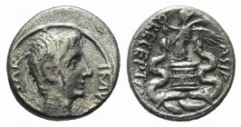 Octavian (29-28 BC). AR Quinarius (13mm, 1.69g, 5h). Italian (Rome?) mint. Bare head r. R/ Victory standing l., holding wreath and palm frond, on cist...