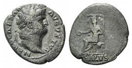 Nero (54-68). AR Denarius (18mm, 3.03g, 6h). Rome, c. 65-6. Laureate head r. R/ Salus seated l. on ornamented throne, holding patera. RIC I 60; RSC 31...