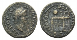 Nero (54-68). Æ Semis (17mm, 3.34g, 6h). Rome, c. AD 64. Laureate head r. R/ Table bearing urn and wreath; on front of l. panel, two griffins standing...