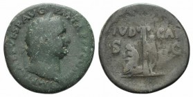 Titus (79-81). Æ Sestertius (32mm, 19.32g, 6h). Rome, 80-1. Laureate head r. R/ IVD CAP acoss field, palm tree; to l., Judaea seated l. in attitude of...