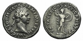 Domitian (81-96). AR Denarius (19mm, 3.33g, 6h). Rome, AD 87. Laureate head r. R/ Minerva standing r. on capital of rostral column, with spear in l. h...