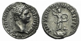 Domitian (81-96). AR Denarius (17mm, 3.05g, 6h). Rome, AD 94. Laureate head r. R/ Minerva advancing r., holding spear and shield. RIC II 766; RSC 285....