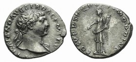 Trajan (98-117). AR Denarius (18mm, 3.28g, 6h). Rome, c. 108-19. Laureate bust r., slight drapery. R/ Felicitas standing l., holding caduceus and corn...