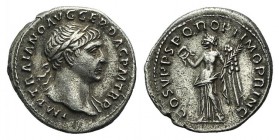 Trajan (98-117). AR Denarius (18mm, 3.24g, 6h). Rome, 107-111. Laureate bust r., slight drapery on l. shoulder. R/ Victory standing facing, head l., h...