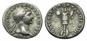 Trajan (98-117). AR Denarius (17mm, 3.35g, 6h). Rome, c. 107-8. Laureate bust r., slight drapery on l. shoulder. R/ Trophy on tree stump with one roun...