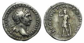 Trajan (98-117). AR Denarius (18mm, 3.06g, 6h). Rome, 106-111. Laureate bust r., slight drapery on shoulder. R/ Mars standing facing, head r., holding...