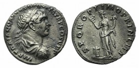 Trajan (98-117). AR Denarius (17mm, 3.12g, 7h). Rome, c. 104-107. Laureate head r., slight drapery on far shoulder. R/ Felicitas standing l., holding ...