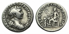 Trajan (98-117). AR Denarius (17mm, 3.14g, 8h). Rome, c. 106-111. Laureate, draped, and cuirassed bust r. R/ Pax seated l., holding branch and sceptre...