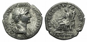 Trajan (98-117). AR Denarius (17mm, 3.05g, 6h). Rome, c. 114-7. Laureate and draped bust r. R/ Fortuna seated l. with rudder and cornucopia. RIC II 31...