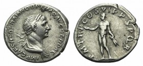 Trajan (98-117). AR Denarius (20mm, 3.02g, 7h). Rome, 114-7. Laureate and draped bust r. R/ Genius standing facing, nude, head l., holding patera in r...