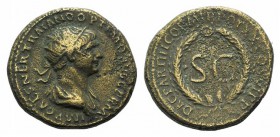 Trajan (98-117). Æ Dupondius (23mm, 8.65g, 6h). Rome, AD 115. Radiate and draped bust r. R/ SC within laurel wreath. RIC III 647. Good VF