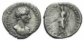Hadrian (117-138). AR Denarius (19mm, 3.44g, 8h). Roma, AD 117. Laureate and draped bust r. Rev. Pax standing l., holding branch and cornucopiae; in e...