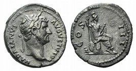 Hadrian (117-138). AR Denarius (17mm, 3.37g, 6h). Rome, 134-138. Laureate head r., with drapery on far shoulder. R/ Roma seated r. on cuirass and shie...