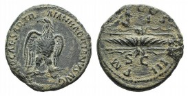 Hadrian (117-138). Æ Quadrans (17mm, 2.82g, 6h). Rome, 121-2. Eagle standing r., head l. R/ Winged thunderbolt. RIC II 624. Green patina, Good VF