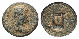 Hadrian (117-138). Æ semis (19mm, 4.22g, 6h). Rome, 125-8. Laureate and draped bust r. R/ Lyre. RIC II 688. Near Good fine