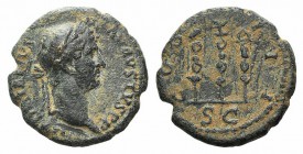 Hadrian (117-138). Æ Quadrans (16mm, 2.94g, 6h), Roma 128-132. Laureate head r., drapery on l. shoulder. R/ Three standards. RIC II 689. Good fine