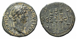 Hadrian (117-138). Æ Quadrans (17mm, 3.12g, 6h). Rome, 128-132. Laureate head r., drapery on l. shoulder. R/ Three standards. RIC II 977. VF