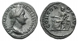 Sabina (Augusta, 128-136/7). AR Denarius (17mm, 3.38g, 6h). Rome 128-134. Draped bust r., wearing stephane, hair falling in plait down neck. R/ Concor...