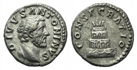 Divus Antoninus Pius (died 161). AR Denarius (16mm, 3.21g, 5h). Rome, AD 161. Bare head r. R/ Garlanded four-tier pyre surmonted by facing quadriga. R...