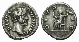 Divus Antoninus Pius (died 161). AR Denarius (17mm, 3.49g, 12h). Rome, AD 161. Bare-headed bust r. R/ Divus Pius seated l., holding branch and sceptre...