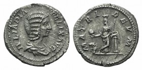 Julia Domna (Augusta, 193-211). AR Denarius (19mm, 3.02g, 6h). Rome, 211-5. Draped bust r. R/ Cybele standing facing, head l., holding globe and scept...