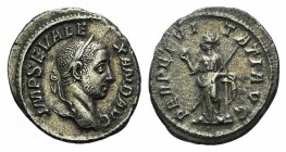 Severus Alexander (222-235). AR Denarius (18mm, 3.02g, 12h). Rome, AD 228. Laureate head r. R/ Perpetuitas standing l., l. elbow resting on short colu...