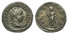 Gordian III (238-244). AR Antoninianus (21mm, 4.32g, 12h). Rome, AD 244. Radiate and draped bust r. R/ Securitas, standing l., holding sceptre, leanin...