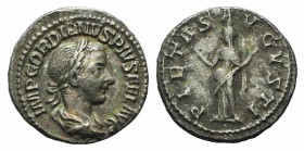 Gordian III (238-244). AR Denarius (20mm, 2.97g, 6h). Rome, AD 241. Laureate, draped and cuirassed bust r. R/ Pietas standing facing, veiled head l., ...