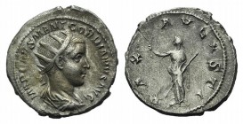 Gordian III (238-244). AR Antoninianus (22mm, 4.01g, 7h). Antioch, 238-9. Radiate, draped and cuirassed bust r. R/ Pax standing l., holding branch and...