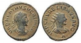 Aurelian and Vabalathus (270-275). Radiate (20mm, 4.38g, 6h). Antioch, 270-2. Radiate and cuirassed bust of Aurelian r.; A below. R/ Laureate, draped ...