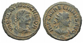 Aurelian and Vabalathus (270-275). Radiate (20mm, 3.10g, 12h). Antioch, 270-2. Radiate and cuirassed bust of Aurelian r.; Ω below. R/ Laureate, draped...