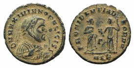 Maximianus (286-305). Æ Follis (20mm, 3.19g, 12h). Alexandria, AD 308. Laureate, draped and cuirassed bust r., holding branch and mappa. R/ Providenti...