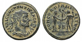 Constantius I (Caesar, 293-305). Æ Radiate (20mm, 3.50g, 6h). Cyzicus, 295-9. Radiate, draped and cuirassed bust r. R/ Constantius standing r., receiv...