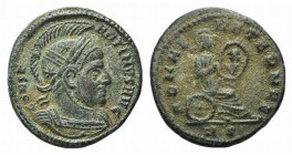 Constantine I (307/310-337). Æ Follis (17mm, 3.05g, 6h). Rome, 318-9. Helmeted and cuirassed bust r. R/ Roma seated r. on shield, holding another insc...