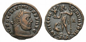 Licinius I (308-324). Æ Follis (22mm, 3.39g, 12h). Siscia, 315-6. Laureate head r. R/ Jupiter standing l., holding globe surmounted by Victory, leanin...