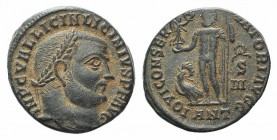 Licinius I (308-324). Æ Follis (17mm, 3.60g, 6h). Antioch, 313-4. Laureate head r. R/ Jupiter standing l. holding Victory on a globe and sceptre; at f...
