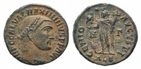 Maximinus II (310-313). Æ Follis (20mm, 4.28g, 6h). Alexandria, 312-3. Laureate head r. R/ Genius standing l., holding bust of Serapis and cornucopia;...