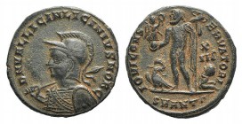 Licinius II (Caesar, 317-324). Æ Follis (17mm, 3.20g, 11h). Antioch, 321-3. Helmeted and cuirassed bust l., holding spear over should, shield on l. ar...