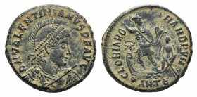 Valentinian II (375-392). Æ (21mm, 5.07g, 6h). Antioch, 378-383. Pearl-diademed, helmeted, draped and cuirassed bust r., holding spear and shield. R/ ...