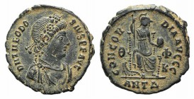 Theodosius I (379-395) Æ (17mm, 2.96g, 5h). Antioch, 378-325. Pearl diademed, draped and cuirassed bust r. R/ Constantinopolis, helmeted, seated facin...