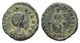 Aelia Eudoxia (Augusta, 400-404). Æ (16mm, 2.94g, 12h). Constantinople, 395-401. Draped bust of Eudoxia r., wearing diadem, crowned by Hand of God. R/...