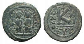 Justin II and Sophia (565-578). Æ 40 Nummi (23mm, 6.06g, 12h). Cyzicus, year 11 (575/6). Nimbate figures of Justin and Sophia seated facing on double ...