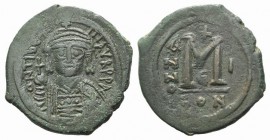 Maurice Tiberius (582-602). Æ 40 Nummi (30mm, 11.98g, 6h). Constantinople, year 1 (582/3). Crowned facing bust, holding globus cruciger and shield. R/...