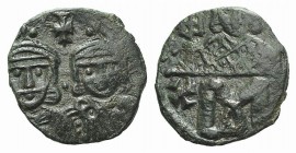 Constantine V and Leo IV (741-775). Æ 40 Nummi (16mm, 1.88g, 6h). Constantinople, 751-769. Crowned and draped facing busts of Constantine V, wearing s...