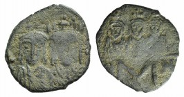 Constantine VI and Irene (780-797). Æ 40 Nummi (18mm, 2.02g, 6h). Constantinople, 790-792. Crowned facing busts of Constantine VI and Irene; cross abo...