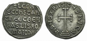 Leo V the Armenian, with Constantine. 813-820. AR Miliaresion (23mm, 2.02g, 12h). Constantinople. Cross potent set on three steps. R/ Legend in five l...
