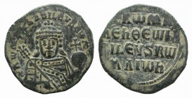 Constantine VII and Romanus I (913-959). Æ 40 Nummi (26mm, 8.15g, 6h). Constantinople, 931-944. Crowned facing half-length figure of Romanus, holding ...