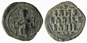 Anonymous, time of Constantine IX (1042-1055). Æ 40 Nummi (22mm, 3.90g, 6h). Constantinople. Christ Pantokrator enthroned facing. R/ Legend in four li...